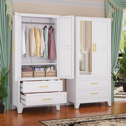 GAIOUS Steel Armoire Wardrobe Closet with Mirror and 2 Drawers 71" White by GAIOUS