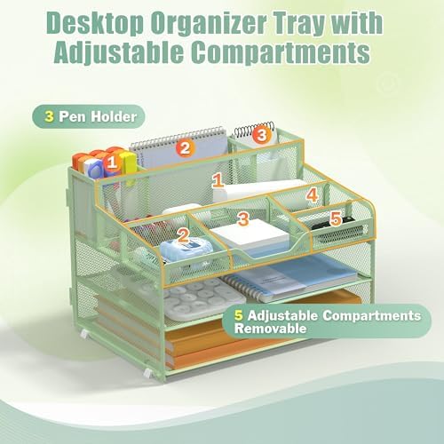 Docnest 3 Tier Mesh Desk Organizer with Letter Tray & Paper Sorter, Green - Image 4