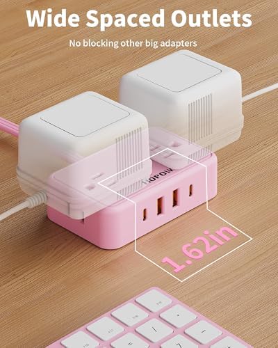 HOPOW Pink Extension Cord, 6 FT Flat Plug Power Strip, 4AC&2A2C, 1625W/13A - Image 5