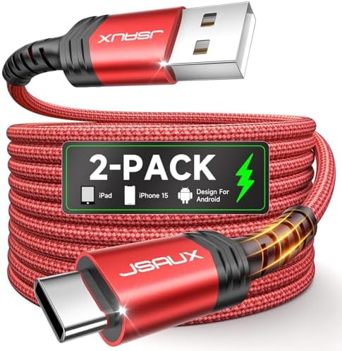 JSAUX USB C Cable [2-Pack 6.6ft], USB A to USB C for iPhone, Samsung, Red by JSAUX