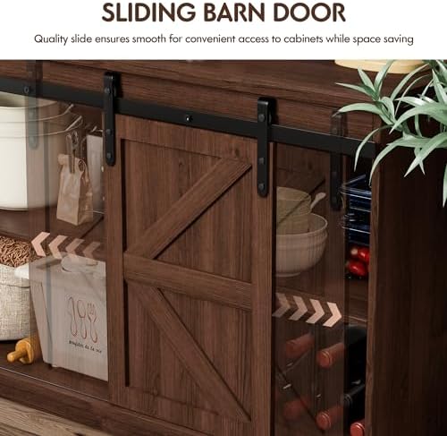 Shahoo Farmhouse Sideboard Buffet Cabinet, Coffee Bar Storage with Sliding Barn Doors, Shelf for Home Dining Room, Espresso - Image 7