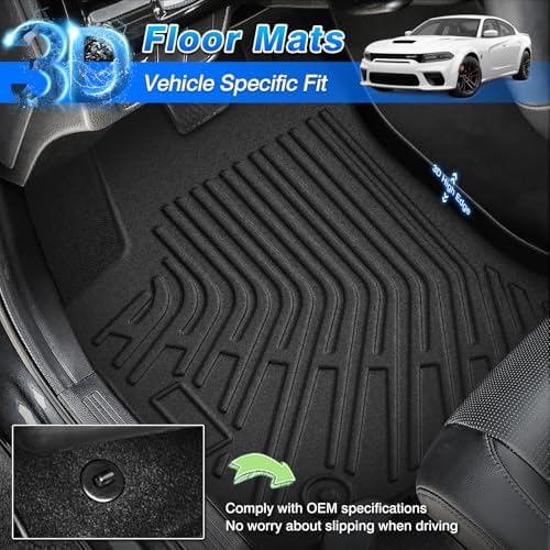Charger Floor Mats - Car Mats for 2011-2023 Dodge Charger RWD/Chrysler 300 RWD, All Weather Full Set Floor mats and Cargo Liner for Charger Accessories, Heavy Duty Waterproof, Black - Image 2