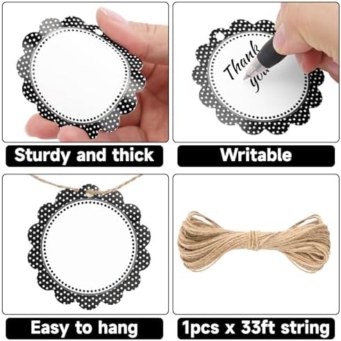 G2PLUS Gift Tags with String-50PCS Round Scalloped Paper Tags 2.5inches Large Blank Hanging Labels Craft Tag Black White Polka Dots Flower Edge Gift Wrap Hangtag for Wedding, Halloween Party Favors - Image 3