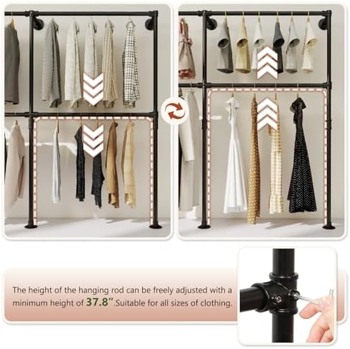 KELIXU 114.4" Industrial Pipe Clothing Rack for Wall Adjustable Height Wall Mounted Clothes Rack for Hanging Clothes, Heavy Duty Walk in Closet Systems, Garment Racks with Double Rods (Three, Black) - Image 2
