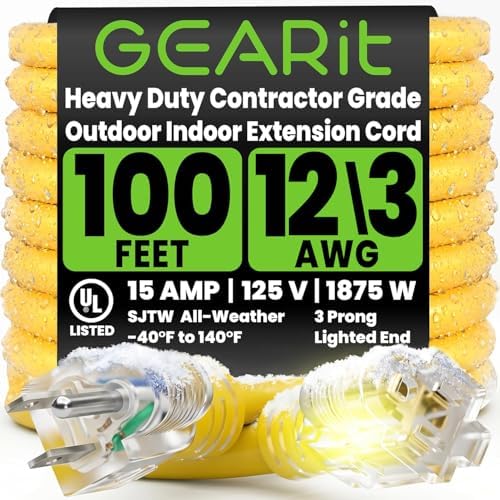 GEARit 100 Ft 12 Gauge Extension Cord SJTW OFC Copper ETL 15A 125V Grounded by GEARit