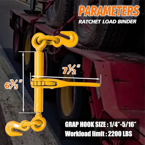 Ratchet Chain Binders 1/4''- 5/16'', Load Binder with G70 Grab Hooks, Adjustable 1/4" Binder for 1/4 Chains, 2200 Pounds Working Load Limit- Heavy Duty Ratchet Binders for Towing (2 Pack) - Image 2