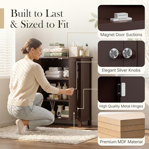 SUPER DEAL Modern Bathroom Floor Storage Cabinet with Adjustable Shelf and Double Door Rust Proof, Living Room Modern Home Furniture Storage Organizer Cabinet, Brown - Image 5