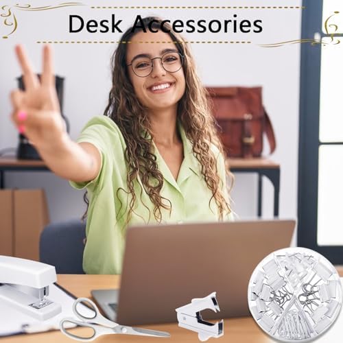 Office Supplies,White Desk Accessories,Stapler and Tape Dispenser Set for Women with Stapler,Tape Dispenser,Staple Remover,Staples,Clips,Scissors and Tabs,Gift for Students,Coworkers,Teacher,Business - Image 4