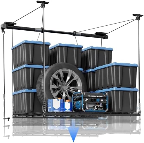 FLEXIMOUNTS Garage Lifting Metal Rack, 4x4 Ft Overhead Garage Storage Racks, Adjustable Heavy-Duty Ceiling Organization System, 350lbs Weight, Satin Black by FLEXIMOUNTS