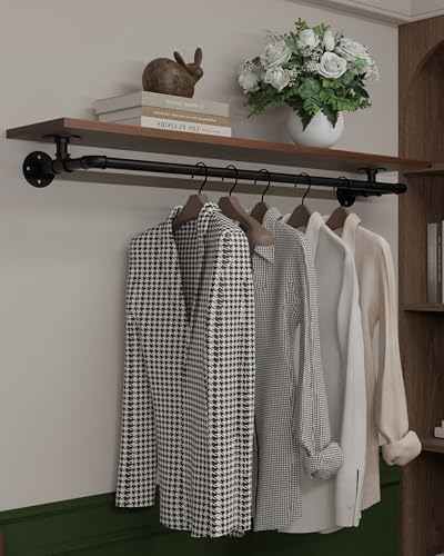 Clothes Rack 48in, Wall Mounted Garment Rack with Solid Walnut Wood Shelf, Heavy Duty Hanging Clothes Rack, Multi-Purpose Hanging Rod, Space-Saving Closet Storage by INDUSTRIALSHELVESDESIGN