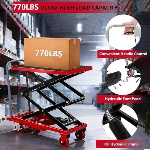 GarveeTech Hydraulic Lift Table Cart, 770Lbs Load Capacity 59 Inch Lifting Height, Manual Double Scissor Lift Table with Non-Slip Pad and 4 Wheels,Hydraulic Scissor Cart (770lbs-Double-Red Black) - Image 3
