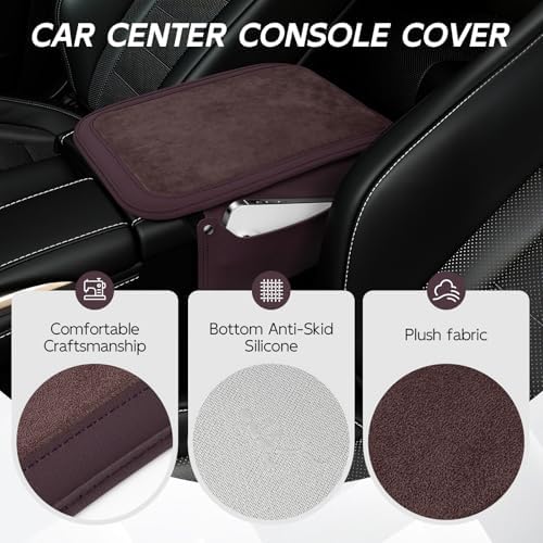 SINGARO Car Leather Center Console Cover with 2 Storage Bags, Universal Furry Fluffy Car Armrest Seat Box Pad, Comfortable Car Interior Accessories, Fits for Most Vehicles (Brown) - Image 3