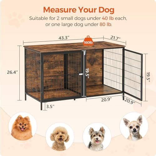 MAHANCRIS Dog Crate Furniture for 2 Dogs, 43.3" Dog Kennel with Removable Divider, Heavy Sturdy Dog Furniture Style Double Cage for Small Medium Dog, Indoor Pet House End Table, Rustic Brown DCHR1201 - Image 5