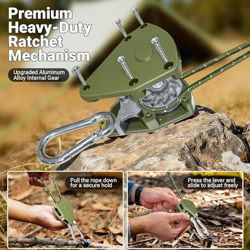 Camping Ropes Guy Line - Tarp Tie Down Ropes with Ratchet System, Pulley & Reinforced Metal Gear - Adjustable Heavy Duty Guy Lines for Canopy Tent, Quick Setup Outdoor Strap-4Pack - 6Pack - Image 4