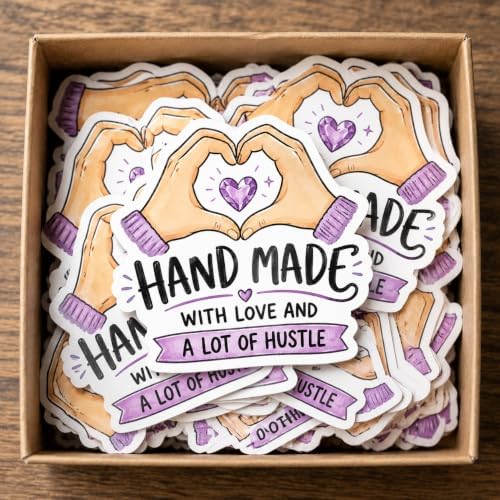60pcs Handmade with Love and a Lot of Hustle Stickers, Craft Small Business Packaging Labels, Motivational Handmade Brand Stickers for Etsy Sellers, Round 2 Inch by BOZENTIM