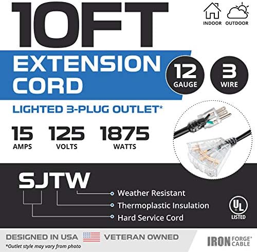 Iron Forge Cable 12 Gauge Extension Cord Multi Outlet, 10 Ft - Black SJTW - Image 2