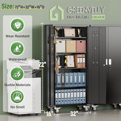 Greenvelly Metal Storage Cabinet with Wheels, 72" Black Garage Rolling Cabinet with Doors and 4 Shelves, Steel Locking Cabinets Tall Tool Lockable Storage Cabinets for Basement, Pantry, Home Office - Image 4