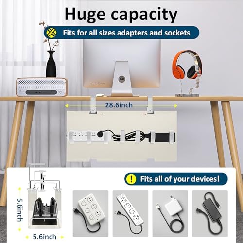 28" Small Under Desk Cable Management Tray No Drill, Compact Clamp On Cord Organizer for Dorm & Small Desk, Anti-Sag Oxford Fabric Wire Hider, Power Strip Holder (Beige, 28.6") - Image 2