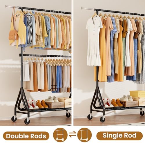 Heavy Duty Clothes Rack for Hanging Clothes, Double Rods Clothing Rack with Lockable Wheels, Rolling Garment Racks with Shelf, Easy to Assemble, Black - Image 4