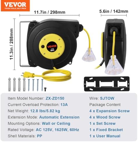 VEVOR Retractable Extension Cord Reel, 50 FT, Heavy Duty 14AWG/3C SJTOW Extension Power Cord with Lighted Triple Tap Outlet, 13A Circuit Breaker 180° Swivel Bracket for Ceiling or Wall Mount, Yellow - Image 5
