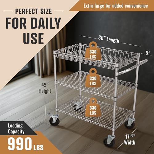 Our Modern Space 3 Tier Heavy Duty Wire Commercial Grade Rolling Cart with Wheels | Rolling Shelving Unit | Metal Utility Serving Cart with Shelves & Organizer Racks for Kitchen Bar Garage Office - Image 2