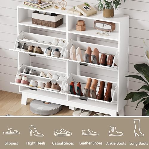 Shoe Cabinet Storage for Entryway with 4 Flip Drawers, Fluted Narrow Shoe Organizer with Wooden Legs & Top Cubby, Freestanding Slim Shoe Storage Hidden Shoe Rack for Front Door Entrance, White - Image 3