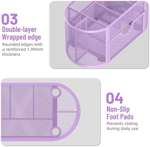 Mesh Desk Organizer with Drawer, 9-Compartment Pen Holder for Desk, Purple - Image 6