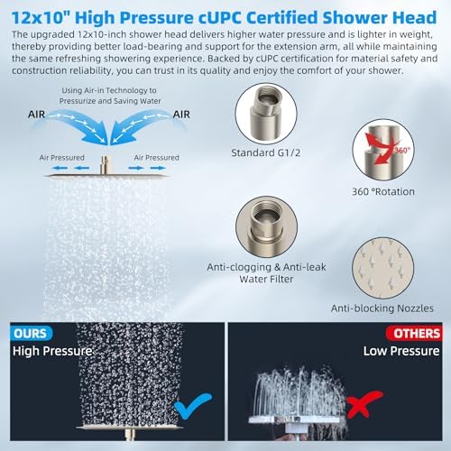 Hibbent All Metal 12'' Rain Shower Head, 16'' Extension Arm, Brushed Nickel - Image 3