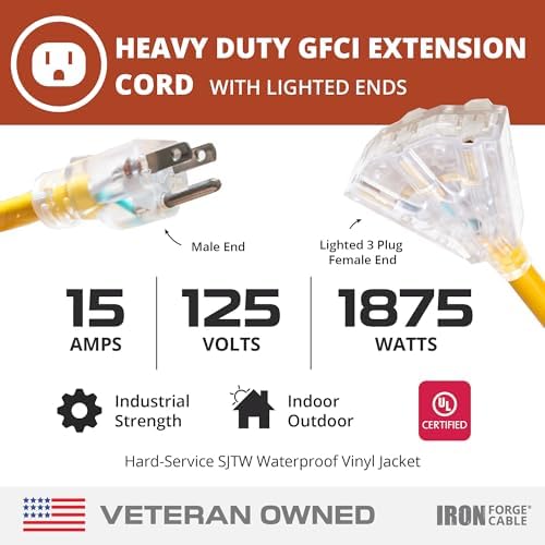Iron Forge Cable 12 Gauge Extension Cord Multi Outlet, 25 Ft - Yellow SJTW - Image 3