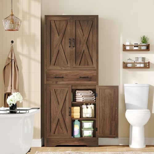 TEENFON Tall Storage Cabinet with 2 Adjustable Shelves & 1 Large Drawer, Kitchen Pantry Cabinet with 4 Doors, Bathroom Storage Cabinets, for Living Room, Kitchen, Bathroom, Walnut - Image 7