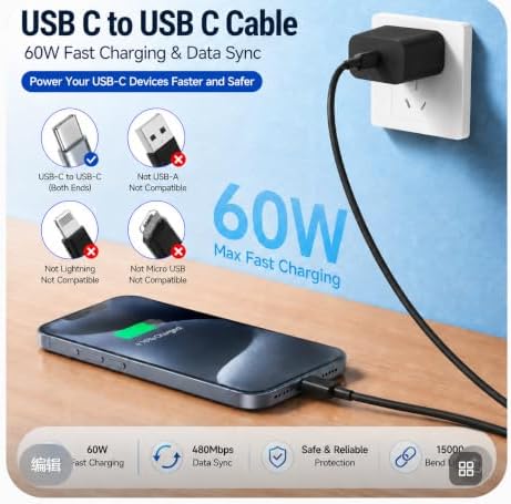 chcela 60W USB C to C Cable 3 Pack 6FT PD 3.0 Fast Charging Cord -Black - Image 2