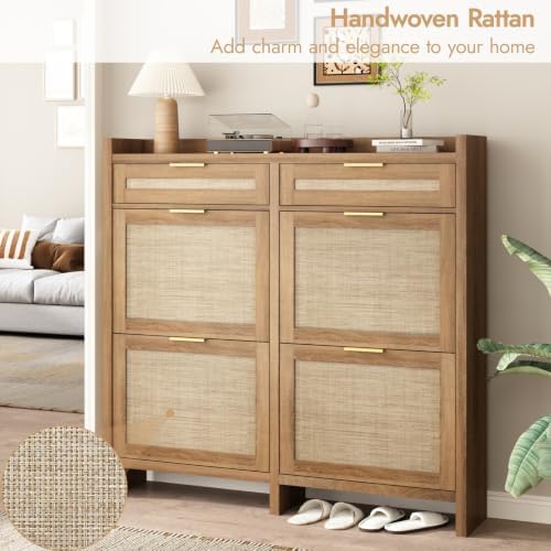 HOKYHOKY Large Rattan Shoe Storage Cabinet with 4 Flip Drawers & 2 Storages - Image 4
