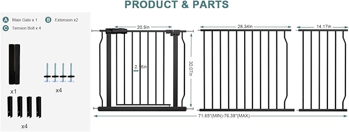 Extra Wide Baby Gate Tension Indoor Safety Gates Black Metal Large Pressure - Image 2
