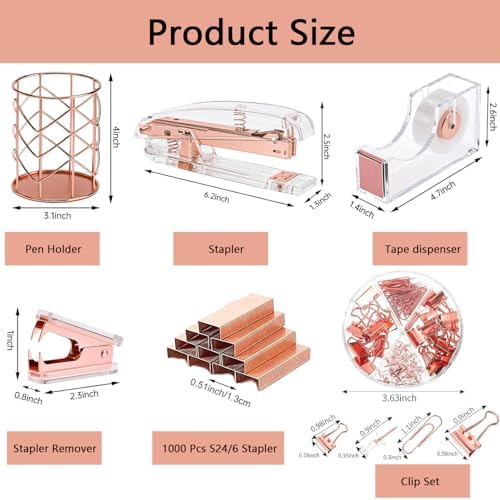 suniya Office Supplies,Rose Gold Desk Accessories,with Stapler,Tape Dispenser,Pen Holder,Scissors,Phone Stand,Staple Remover,Ballpoint Pen,Clear Tape,Staples,Ruler,Clips,Best Gift for Business or Boss - Image 5