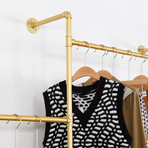 Industrial Pipe Clothing Rack Wall Mounted 5 Hanging Rods Garment Bar with Storage Shelf, Heavy Duty Metal Clothes Racks Closet System for Hanging Clothes Retail Display (Gold) - Image 5