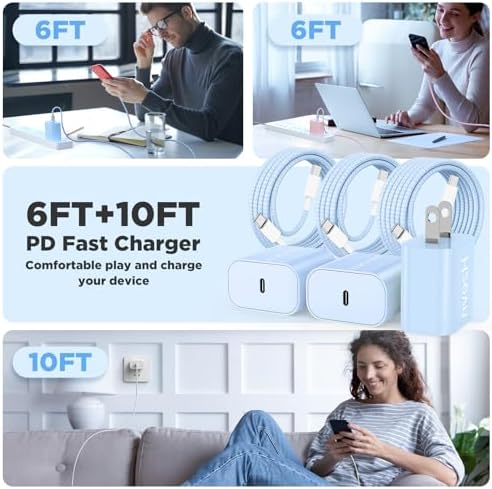 20W USB C Fast Charging for iPhone 17 Air/16/15 Pro Max,3Pack Colorful Mixed Charger Block with Braided Long USB C to C Cables (6/6/10ft) Compatible with iPhone16/15 Pro/15 Plus/iPad Pro - Image 6