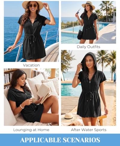 Womens Terry Cloth Cover Up Hooded Swim Cover with Zipper and Pocket - Image 6