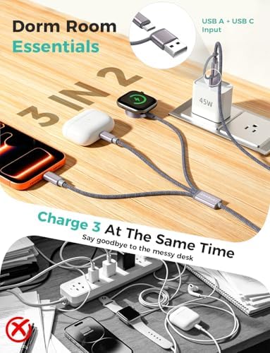 2Pack Travel Essentials,3 in 2 USB C Cable for Apple Watch Charger,iPhone Charger,Multi Charging Cable,Cruise Vacation Camping Essentials for iWatch Series 11-2/Ultra,iPhone 17-12,Car,Grey-6FT - Image 2