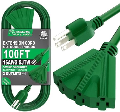 K KASONIC 100 FT 3 Outlet Outdoor Extension Cord, 16/3 Grounded Cord, Green by KASONIC