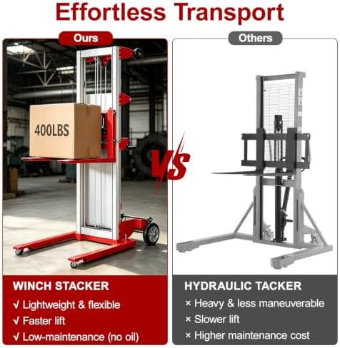 122" Material Lift Winch Stacker, 400 lbs Capacity Manual Material Lifts, Adjustable Straddle Material Lifter, Hand Winch Lift Trucks for Warehouse, Factory, Lightweight, 42.90"L x 43.30"W, Red - Image 6