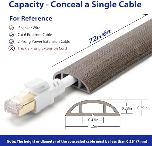 Floor Cord Cover 6ft, Cord Hider Floor Gray Wood, Cable Management Prevent Trips, Cable Cover Wire Covers for Electric Power Cords, Wire Protector Cavity W0.47in x H0.28in Grey - Image 2