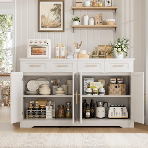 HOSTACK 60" W Sideboard Buffet Cabinet with Storage, Kitchen Cabinet, White - Image 5