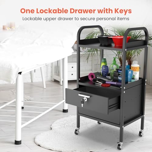 TASALON Metal Salon Trolley Cart with Wheels & Lockable Drawers – 4-Tier Hair Stylist Rolling Tray Cart, Barber & Esthetician Station Organizer, Beauty Salon Equipment & Spa Storage Cabinet - Image 3
