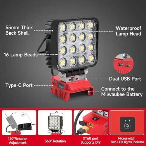 Azocek LED Work Light Compatible with Mil-wau-kee 18V Battery 4800LM - Image 3