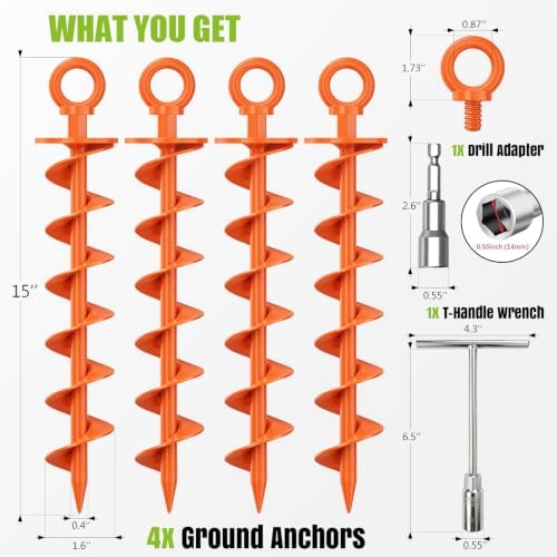 Eurmax USA 4-Pack Heavy Duty Removable Full Spiral Screw in Ground Anchors, Anti-Rust Earth Auger Screw Stakes with Drill Adapter & T-Handle Wrench for Trampoline, Canopy, Tent, Swing Set (Orange) - Image 3