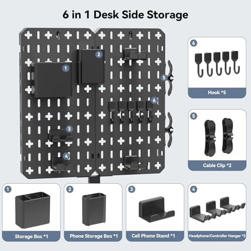 KDD 7 in 1 Clamp-on Desk Pegboard - No Drill Desk Side Storage with Phone Stand/Pen Holder/Storage Box/Headset & Controller Holder/Hooks, Detachable Gaming Pegboard for Office & Home Desktop Organizer - Image 3
