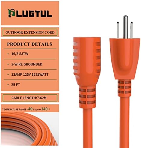 Outdoor Extension Cord 25 FT | 16/3 Gauge Heavy Duty 3 Prong Extension Cord, 13A 1625W SJTW, ETL Listed, Great for Garden and Home, Orange - Image 2