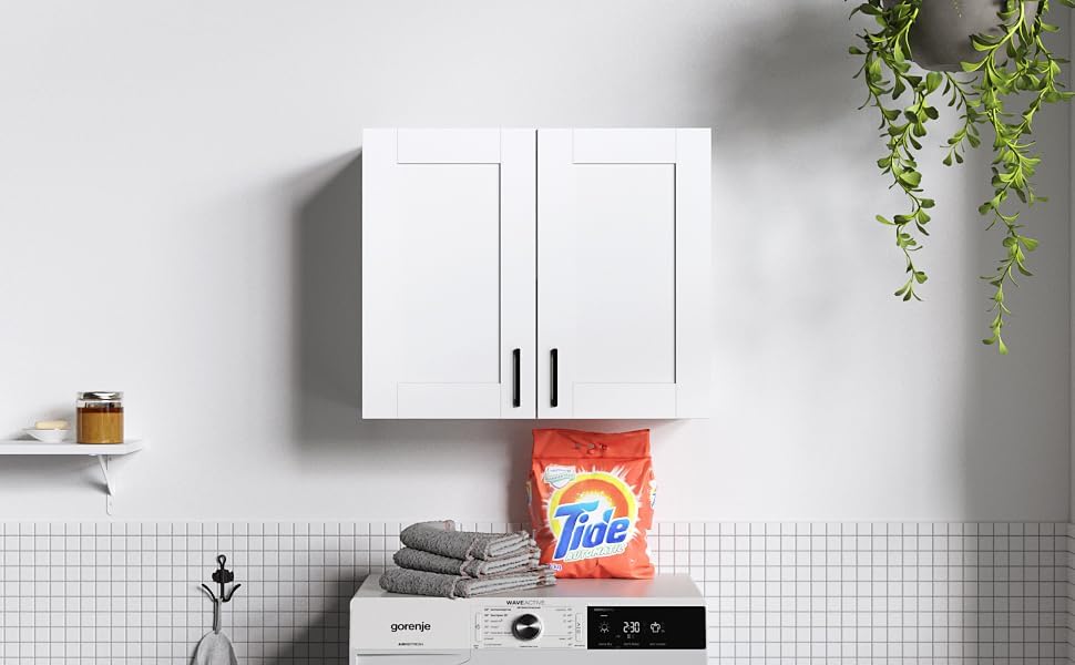 White Laundry Room Cabinets and Storage with 2 Doors and Utility Adjustable Shelf，Gabinetes Para Cocina Cupboard Kitchen Organizers and Storage Pantry Wall Mounted 12.4"D x 23.6"W x 19.7"H - Image 6
