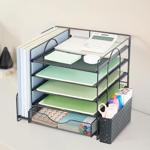 5-Tier Desk Organizer with Drawer and Pen Holder, Black - Image 4