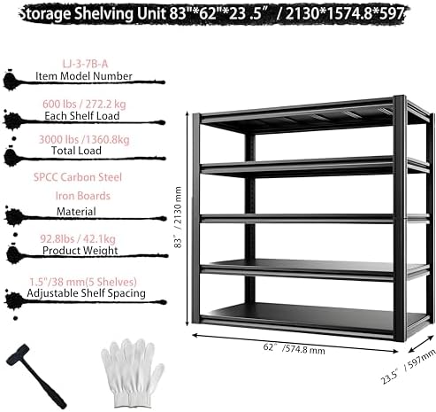 5-Tier Heavy Duty Garage Shelving, 3,000 lbs Capacity Adjustable Metal Storage Shelving Unit for Garage, Basement, Warehouse and Workshop, 62" W x 23.5" D x 72" H - Image 3